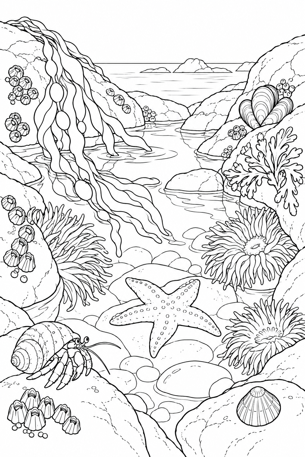 潮だまりの小さな生態系の塗り絵