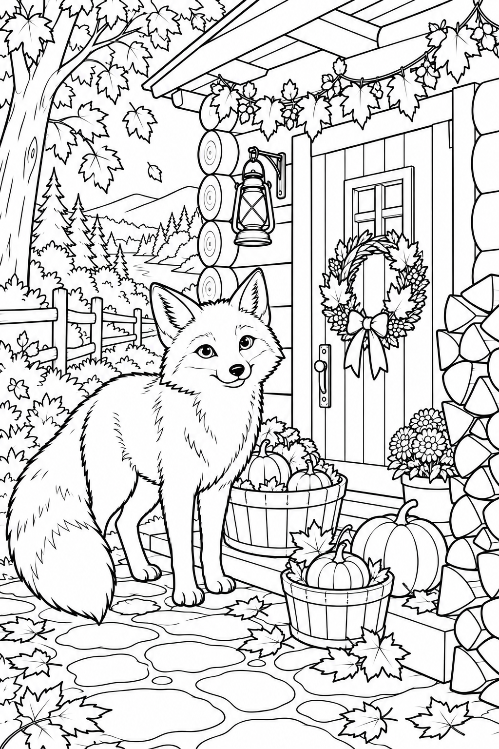 Coloriage La maison du renard dans la forêt — automne