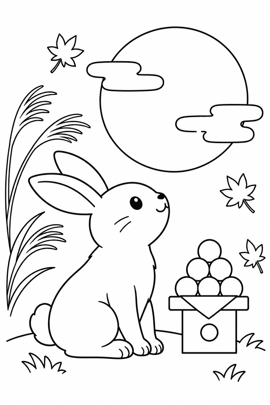 お月見と月のうさぎの塗り絵