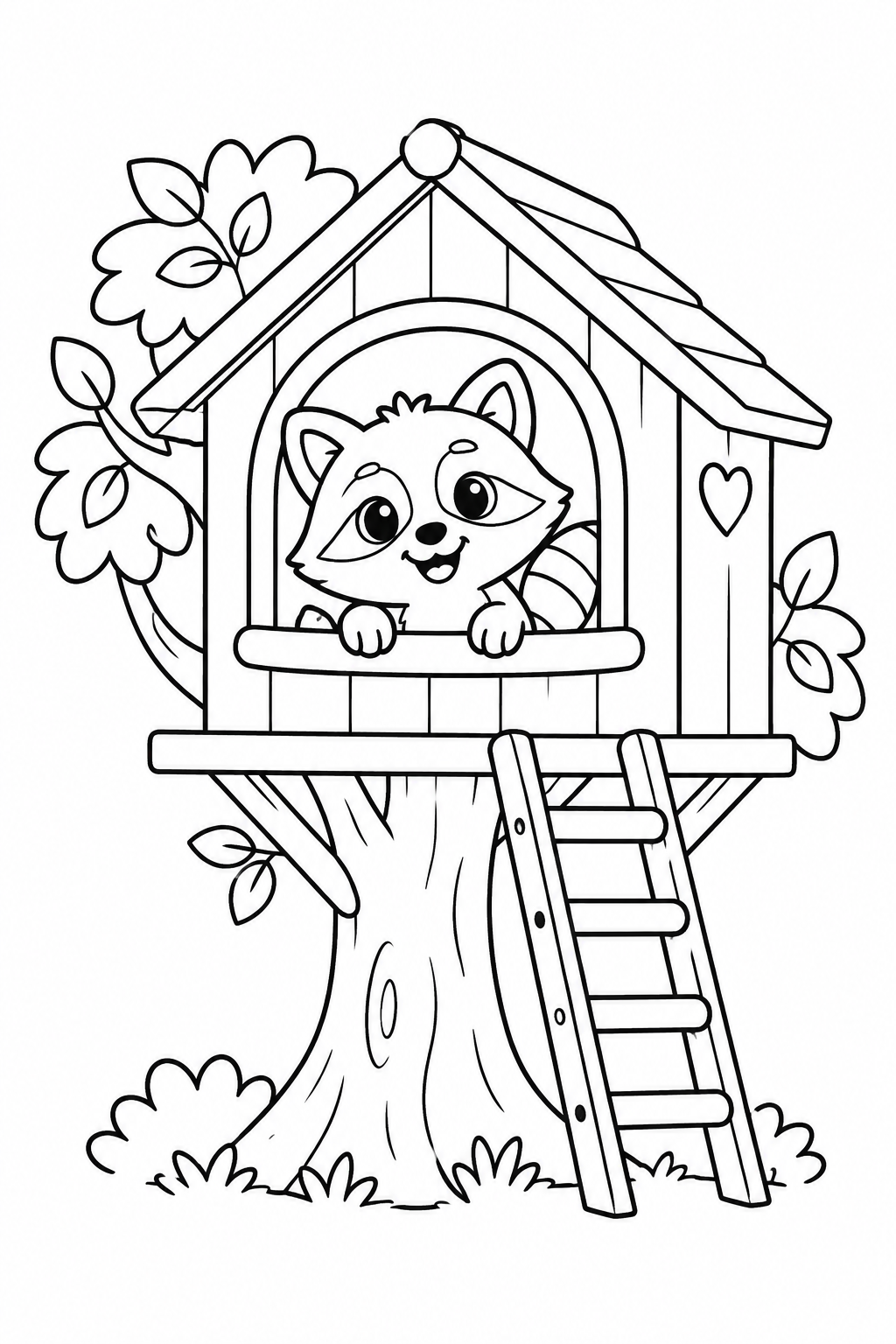 アライグマの木のおうちの塗り絵