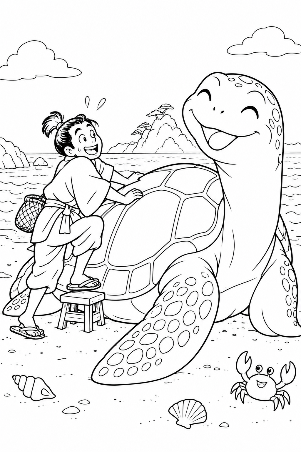 浦島太郎:大きすぎる亀と小さな踏み台(ギャグ)の塗り絵