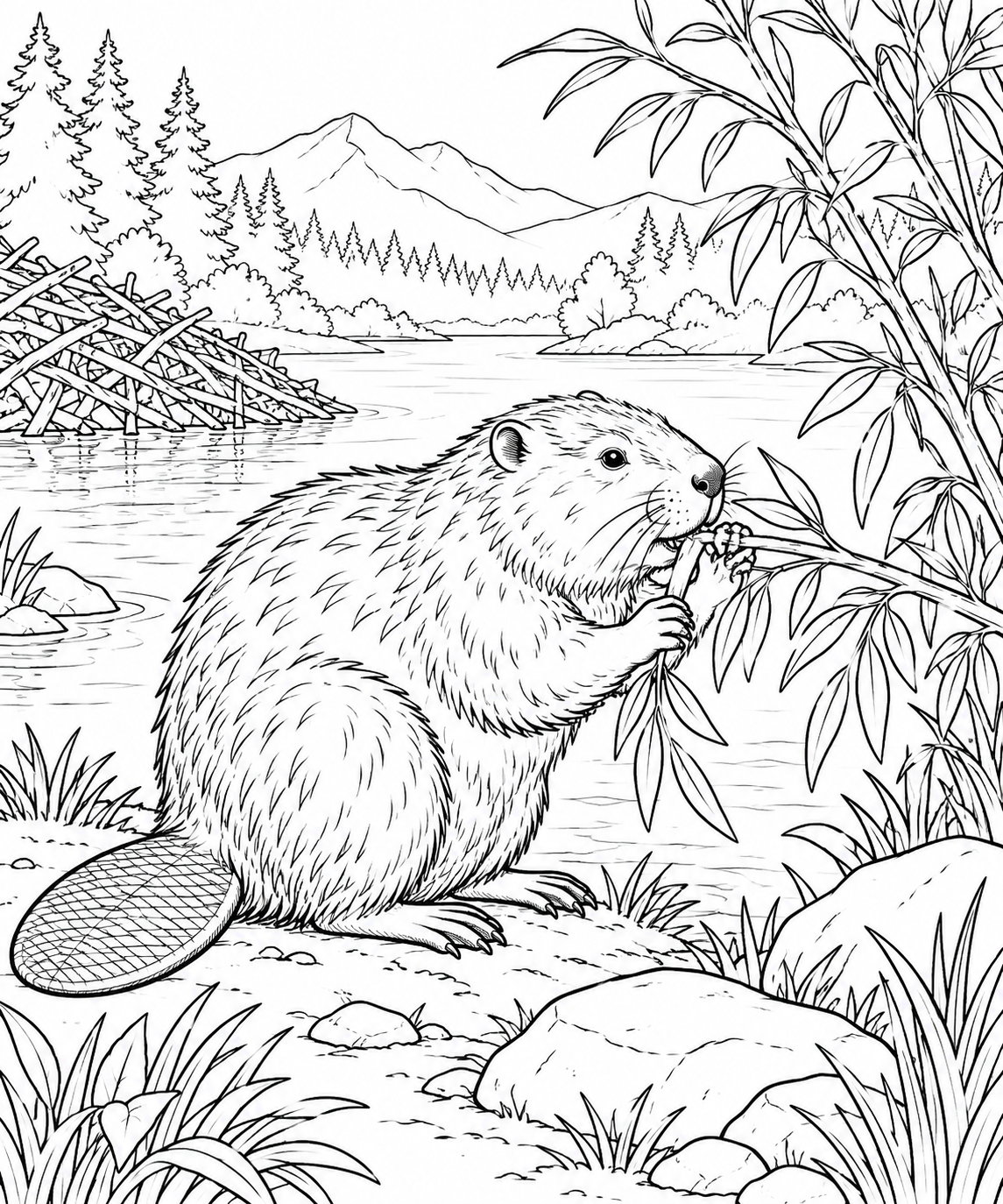 自然のひとこま:ビーバーと柳の枝の塗り絵