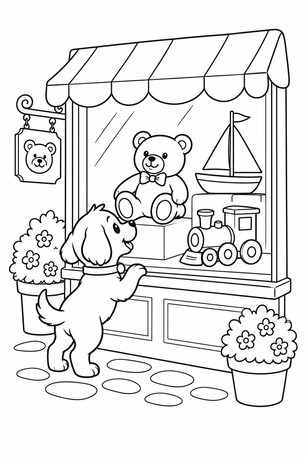 こいぬのおもちゃ屋さんのショーウィンドウの塗り絵