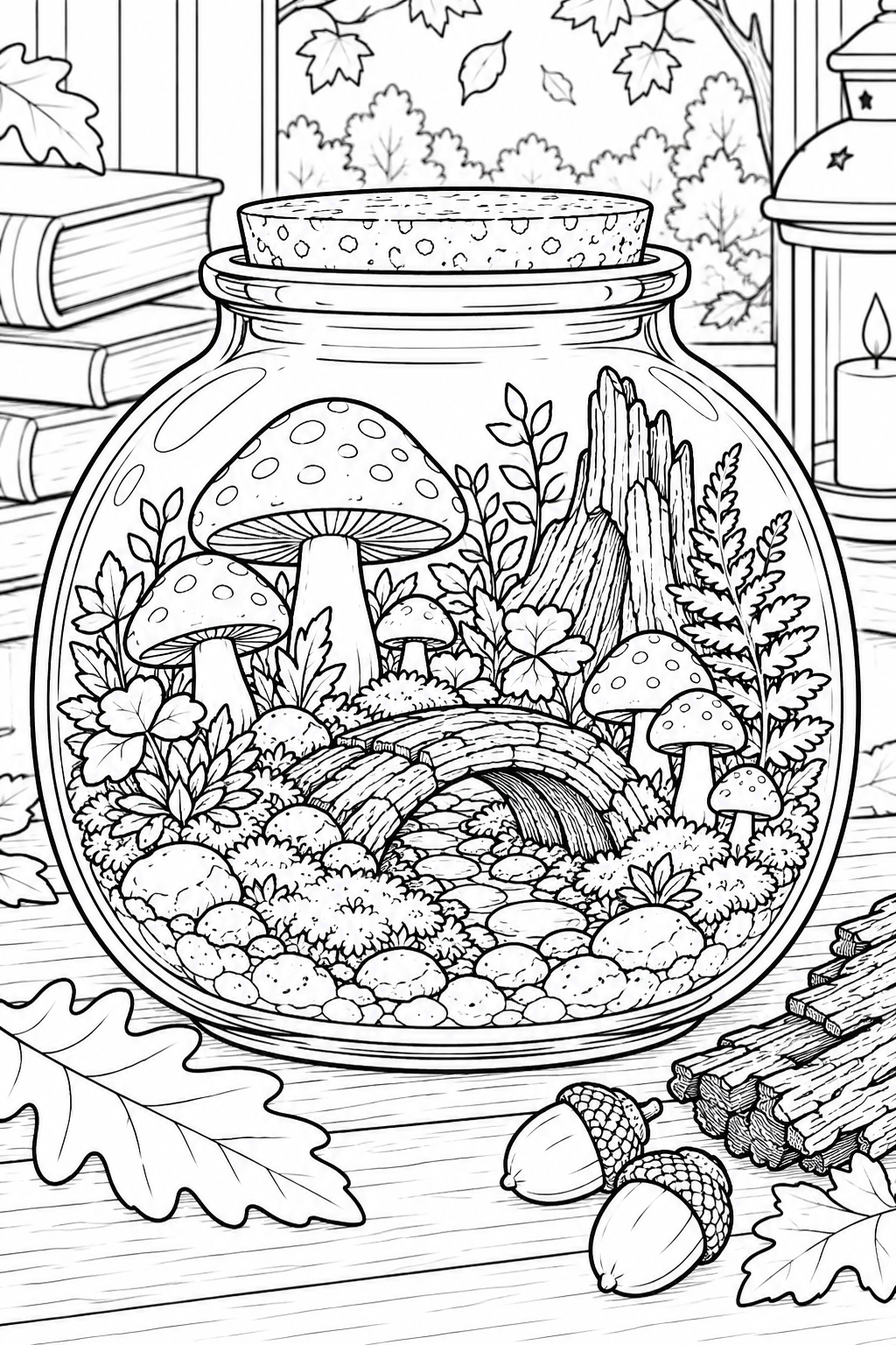 Coloriage Petit monde dans un bocal en verre — automne