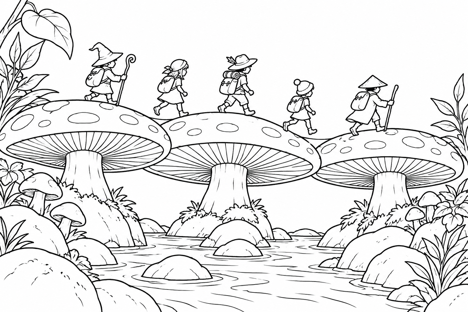 光るキノコの橋を渡る行列の塗り絵
