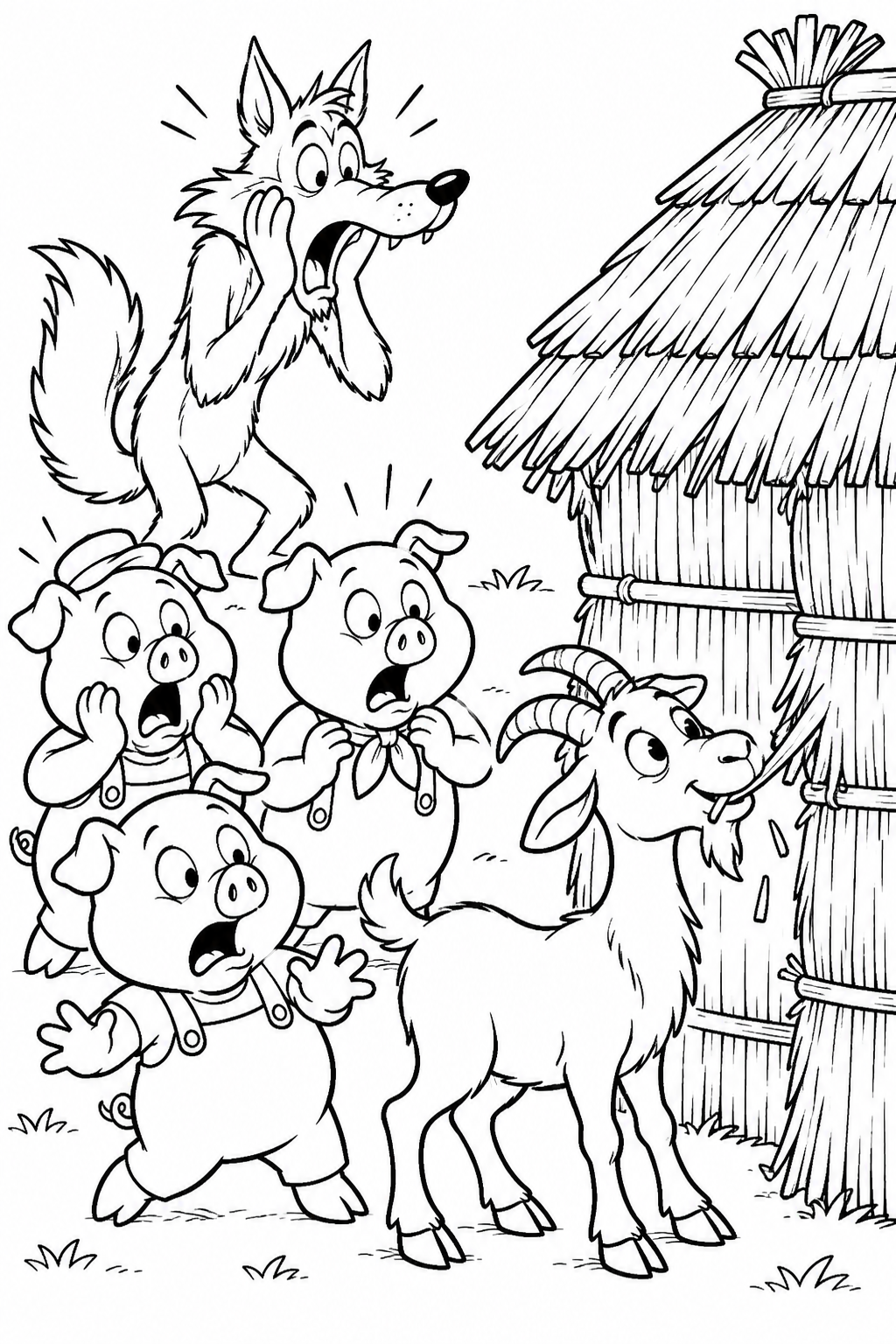 Coloriage Les Trois Petits Cochons: Une chèvre goûte la maison de paille