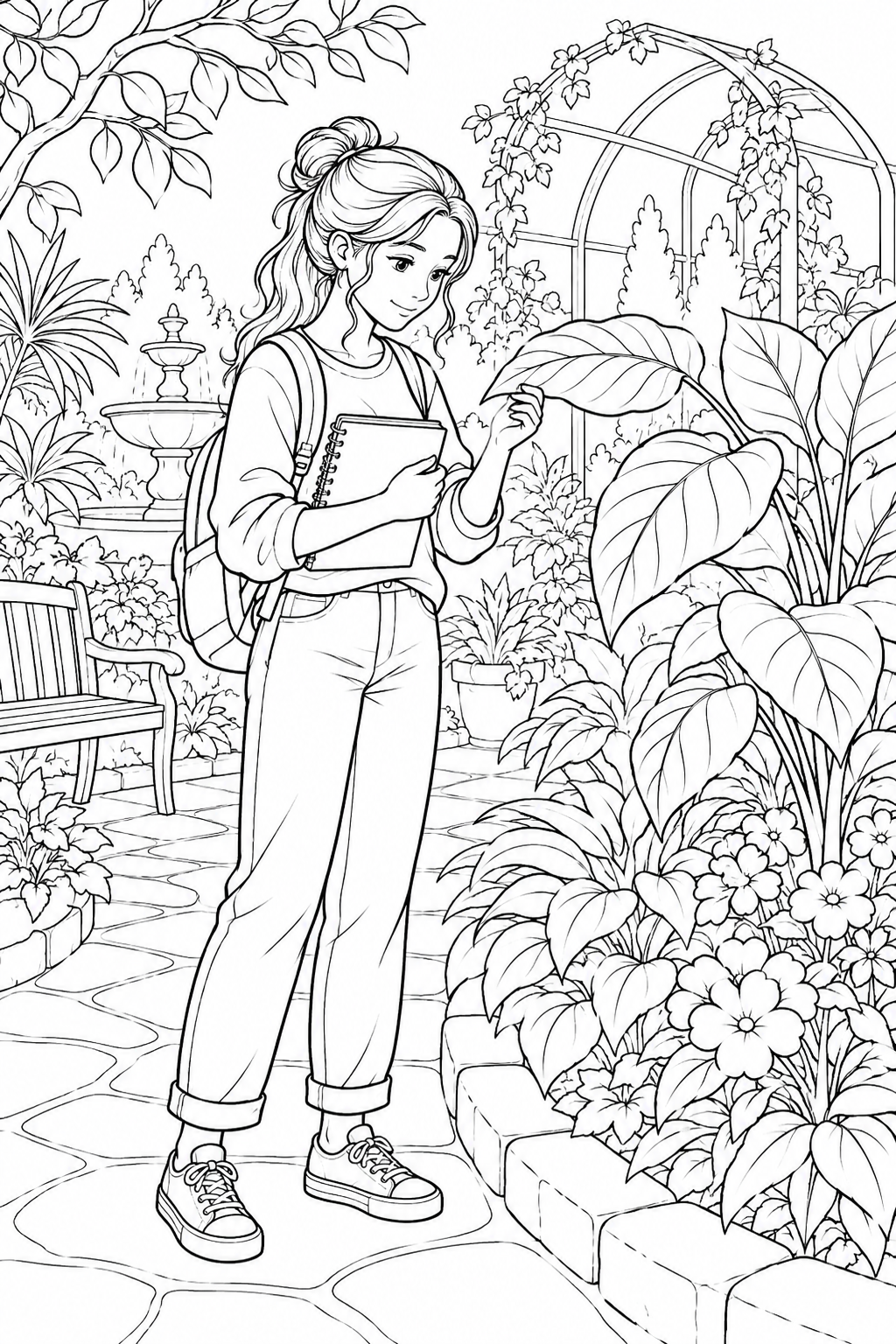 植物園で葉を観察する学生の塗り絵