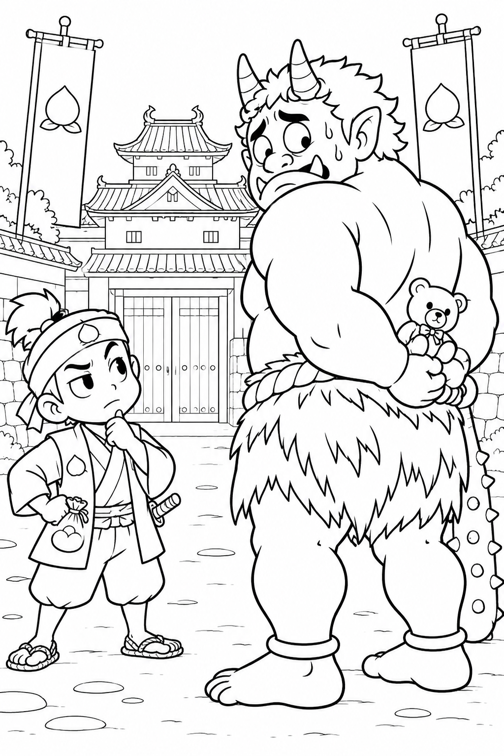 ギャグ桃太郎：桃太郎と鬼の大将の塗り絵