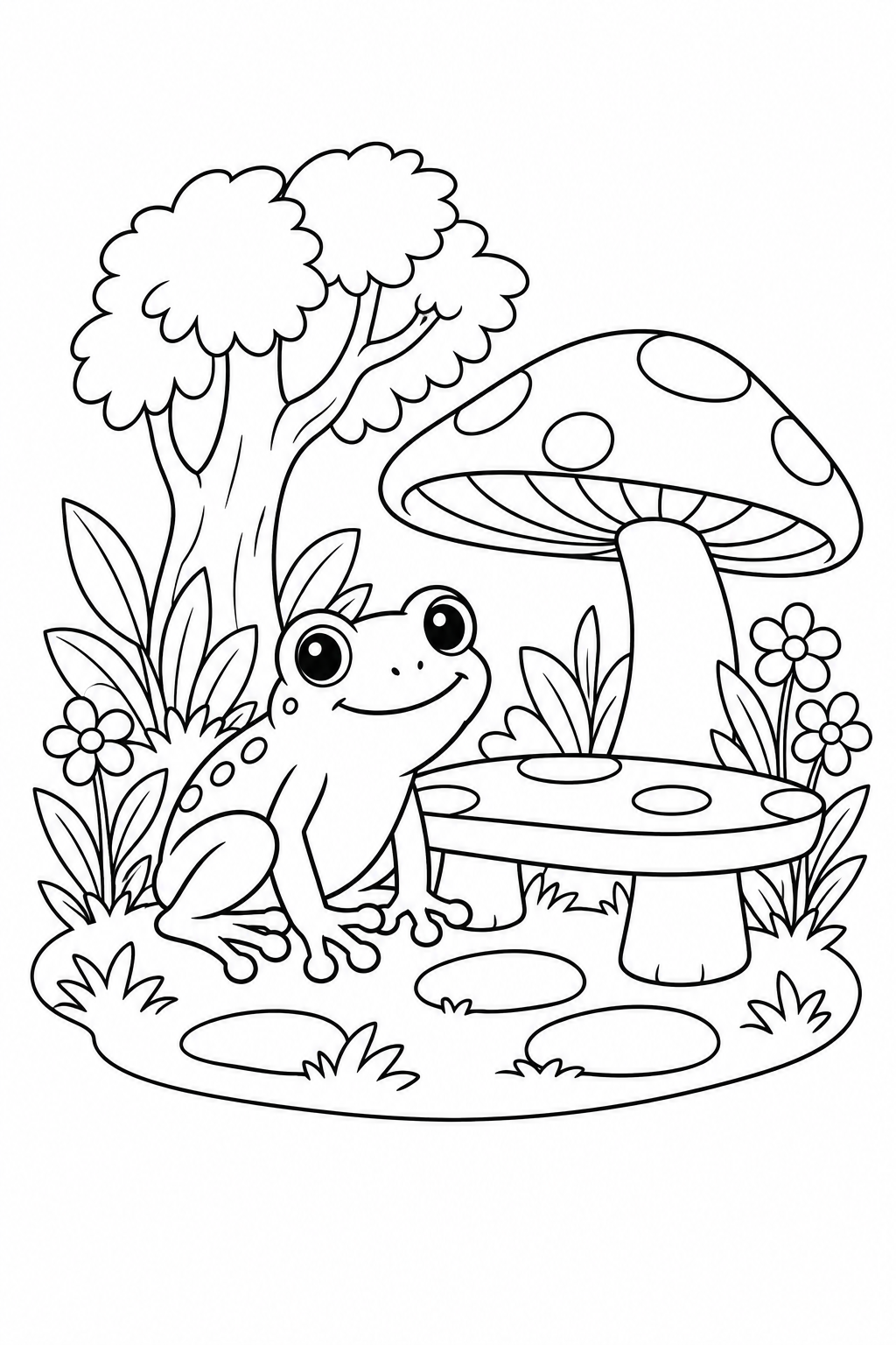 アマガエルときのこのベンチの塗り絵