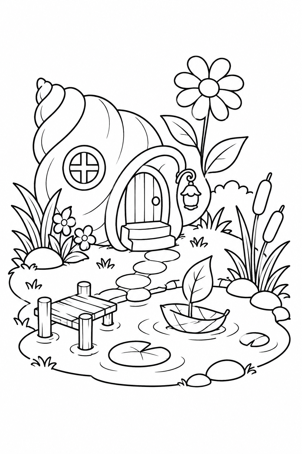貝がらのおうちの池の庭の塗り絵