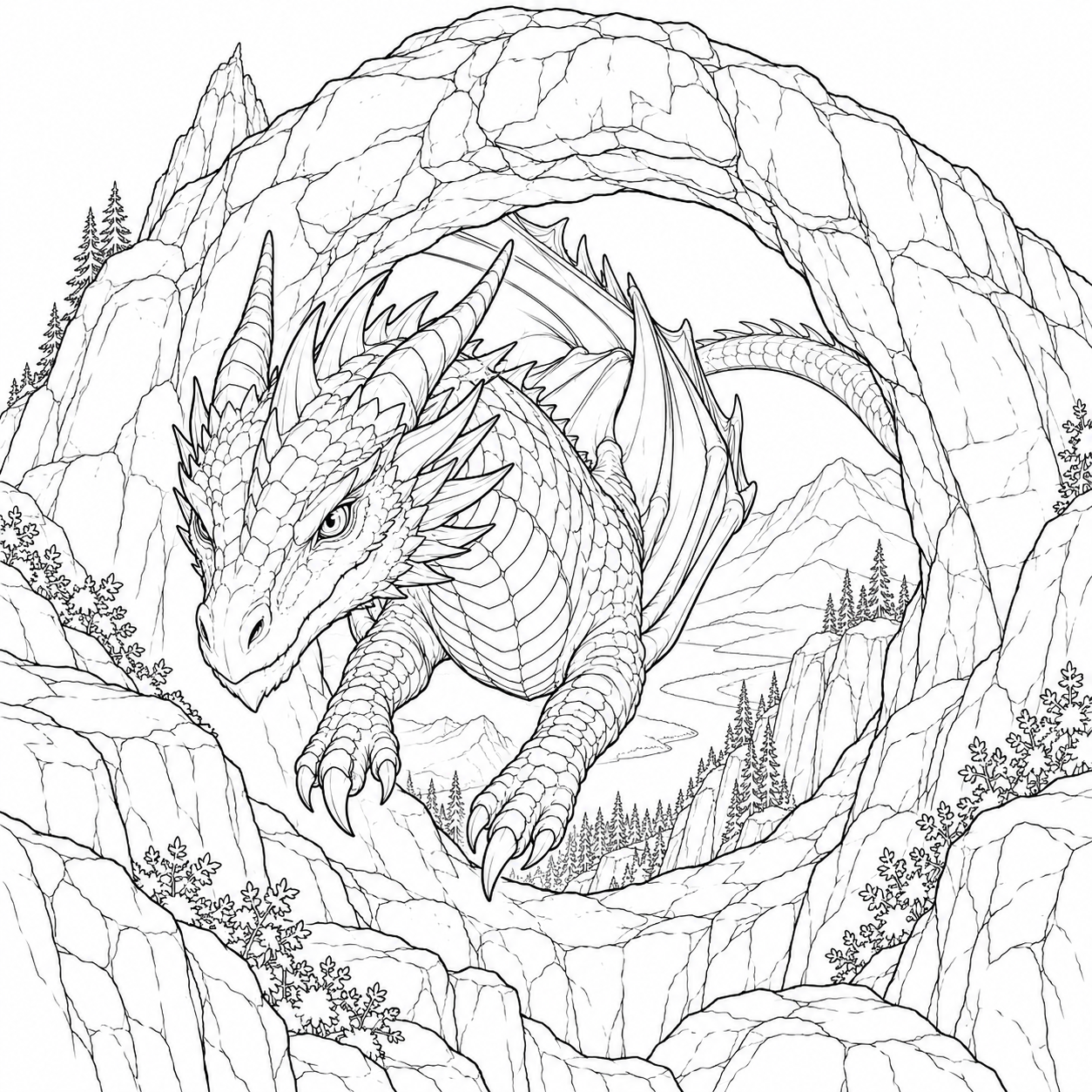Dibujo de Dragón pasando por un arco de piedra para colorear