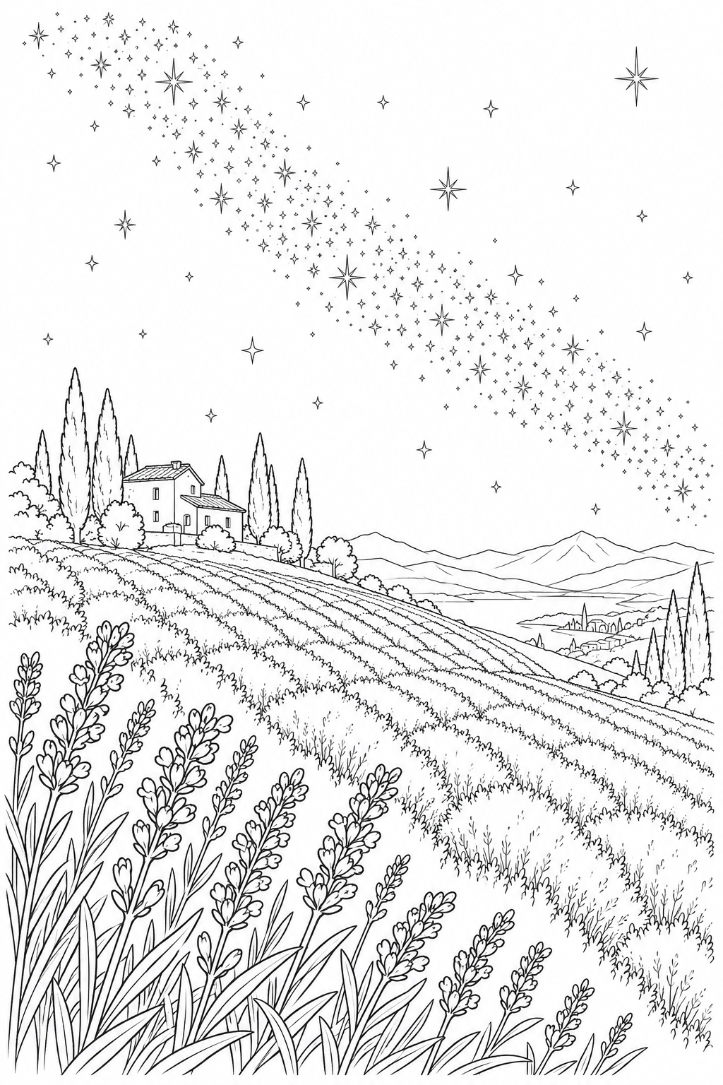 ラベンダーの丘と天の川の塗り絵