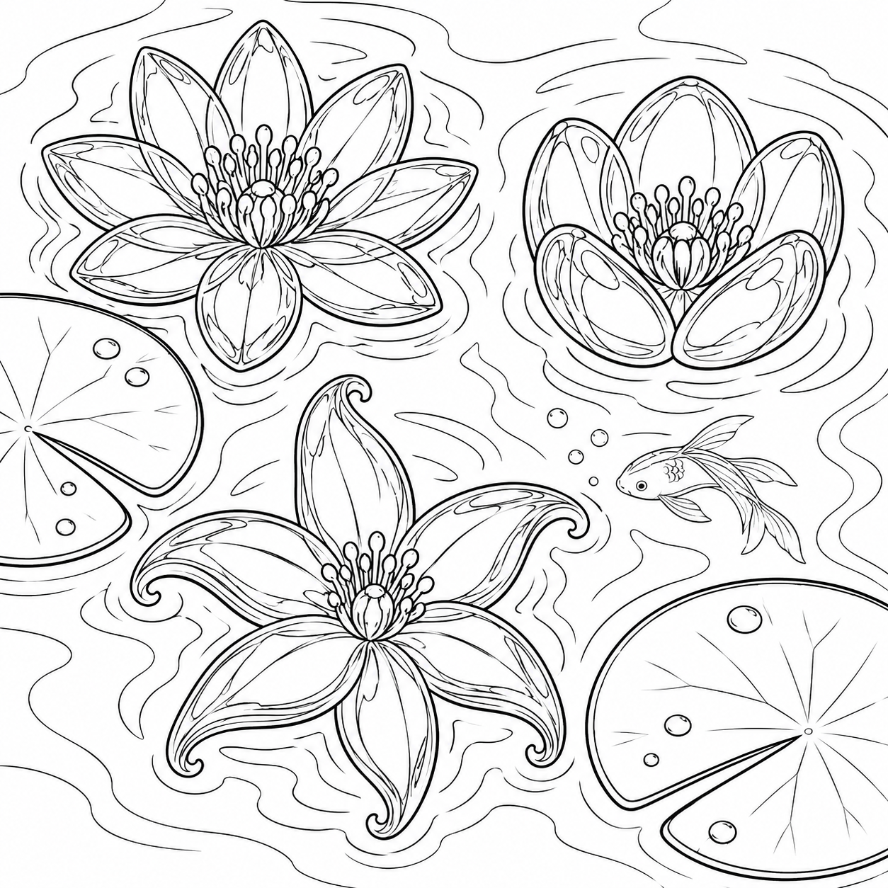 水面に咲くガラスの花の塗り絵
