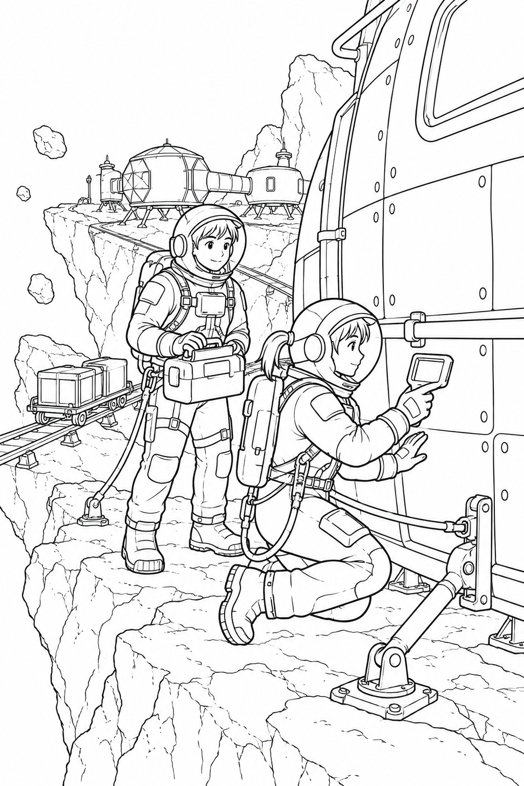 小惑星の岩山基地:外壁を調べる探査隊の塗り絵