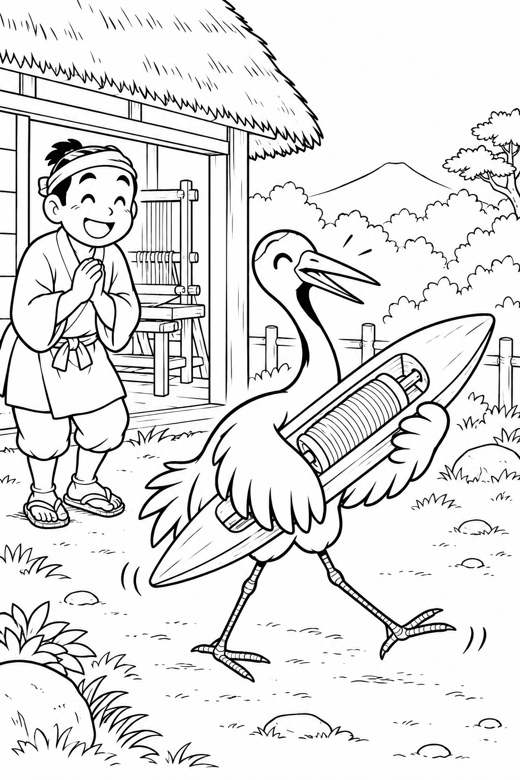 Dibujo de La grulla agradecida:Una grulla carga una lanzadera enorme para colorear