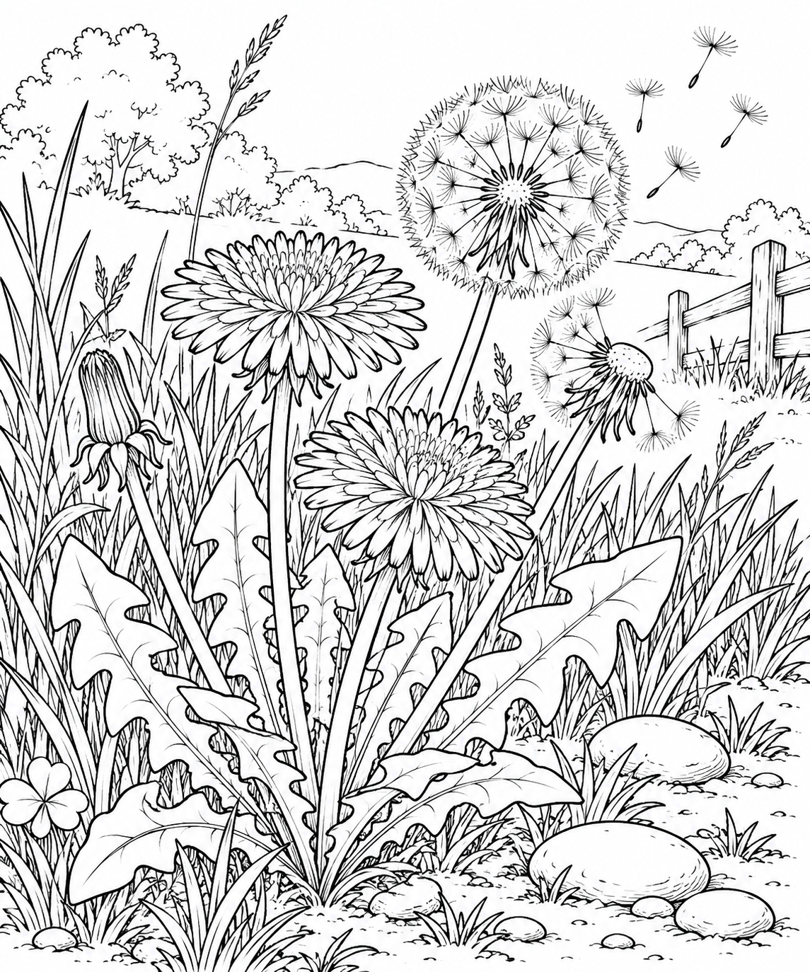 自然のひとこま:タンポポの花と綿毛の塗り絵