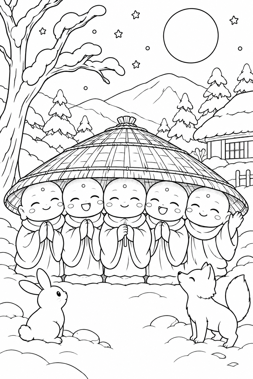 Coloriage Kasajizo : Tous serrés sous un grand chapeau