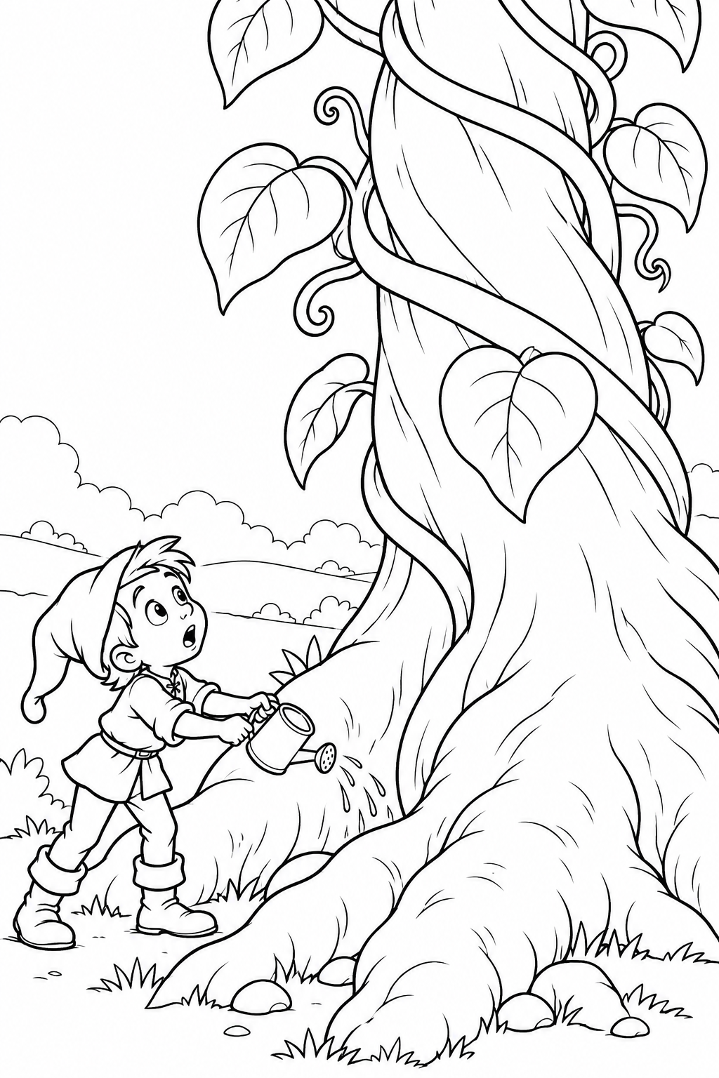 Jack and the Beanstalk・Comedy — A tiny watering can for a huge plant coloring page