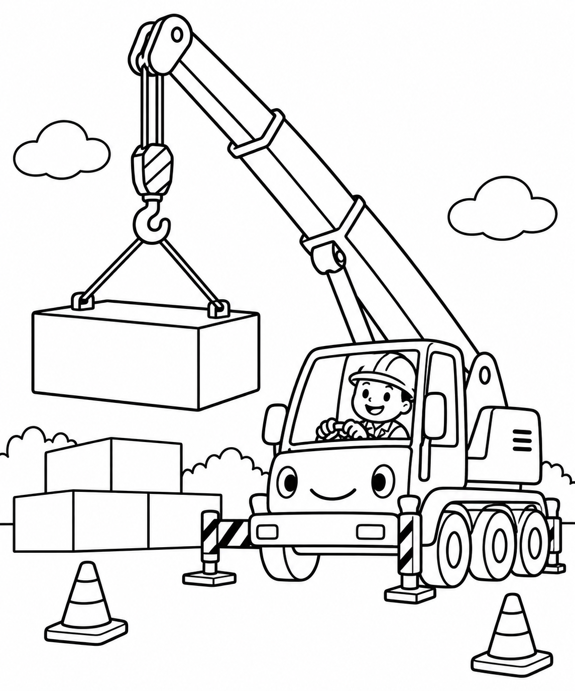 クレーン車と大きなブロックの塗り絵