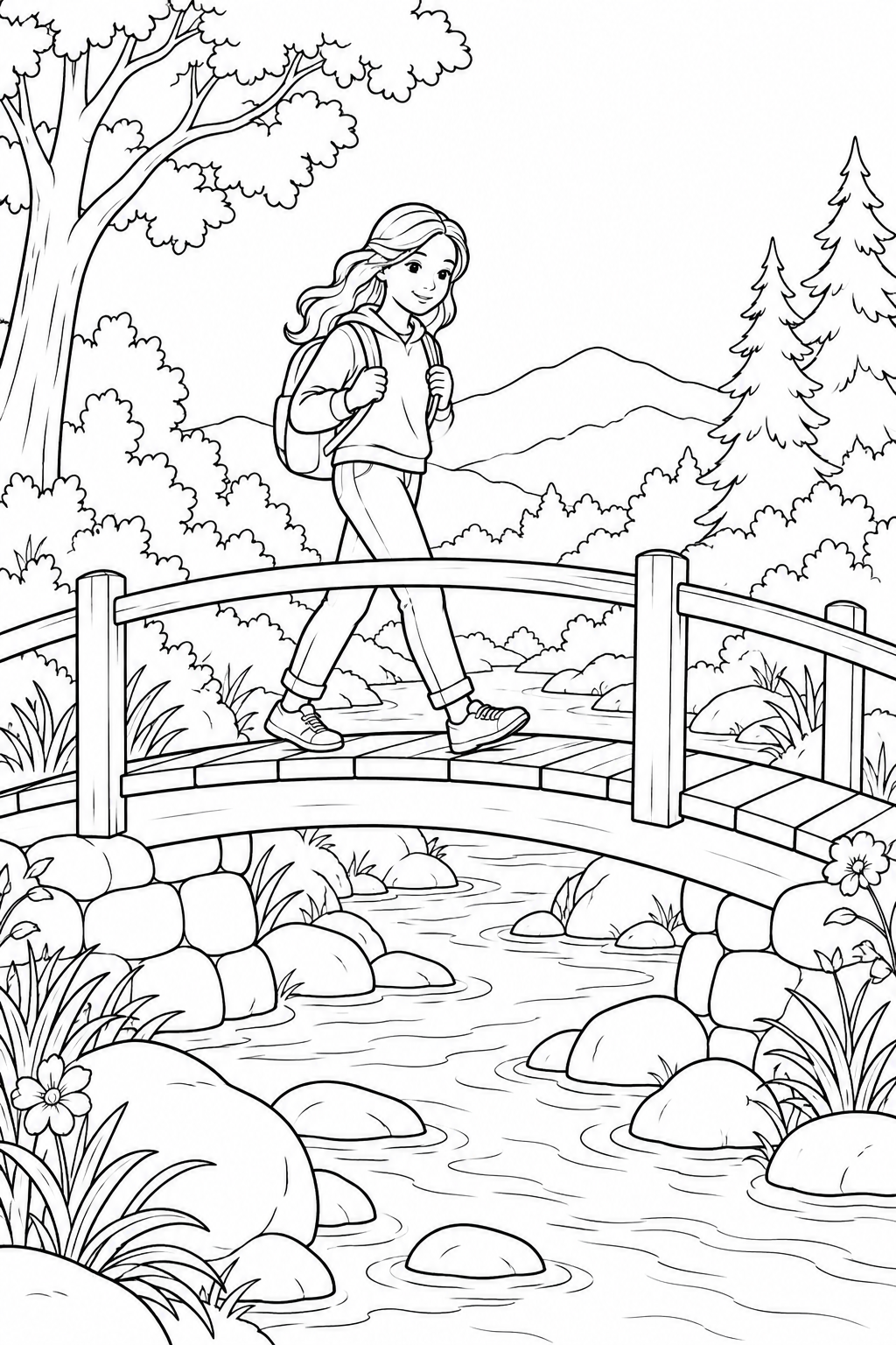 小川に架かる橋を渡る学生の塗り絵