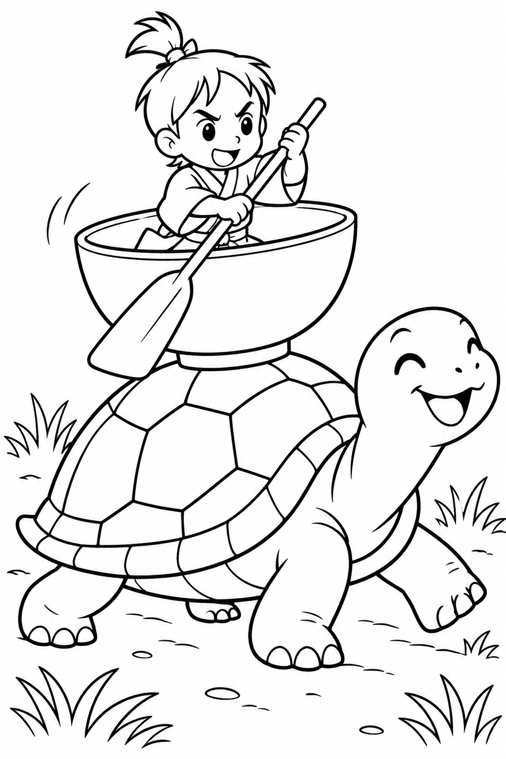 Dibujo de Issun-boshi — El cuenco barca viaja en tortuga para colorear