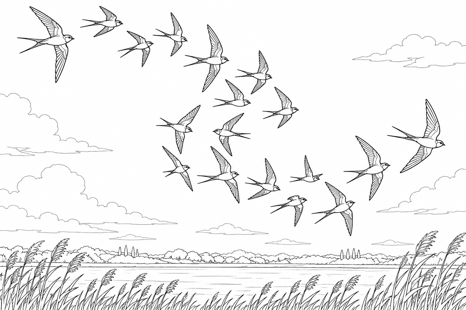 Flock flowing across evening sky coloring page