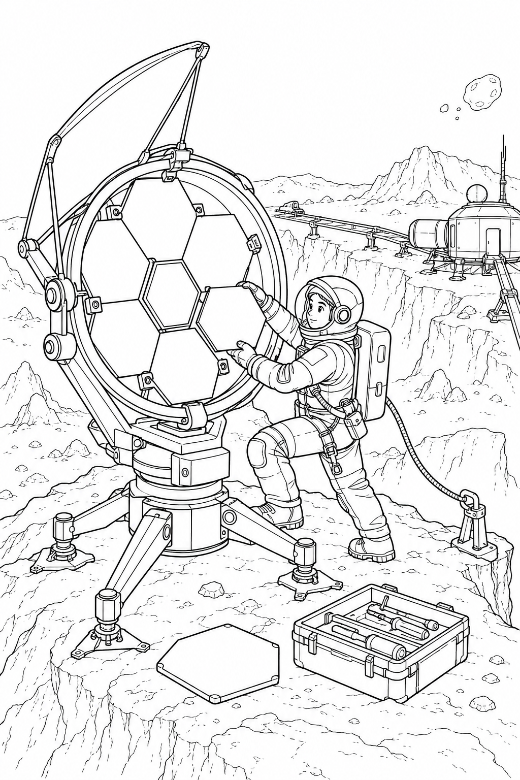 小惑星の岩山基地:組み立て中の望遠鏡の塗り絵
