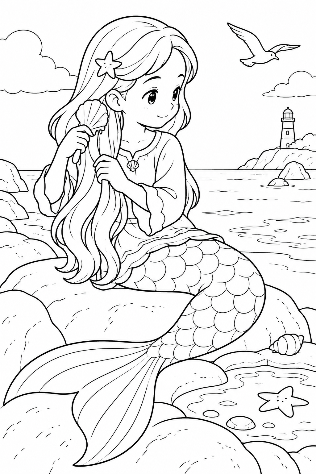 髪をとかす人魚の塗り絵