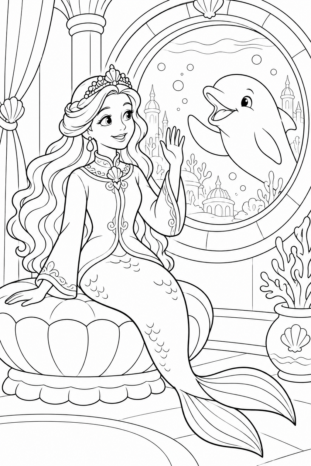 人魚姫：丸窓に来たイルカの塗り絵