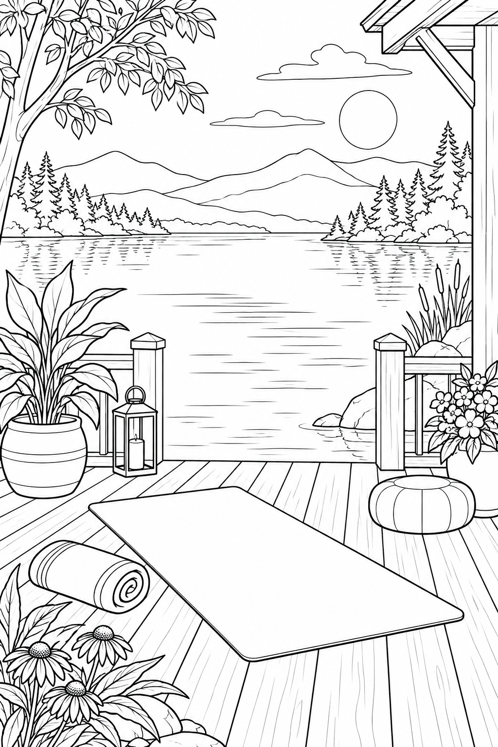 Coloriage Terrasse en bois au bord d’un lac avec tapis de yoga