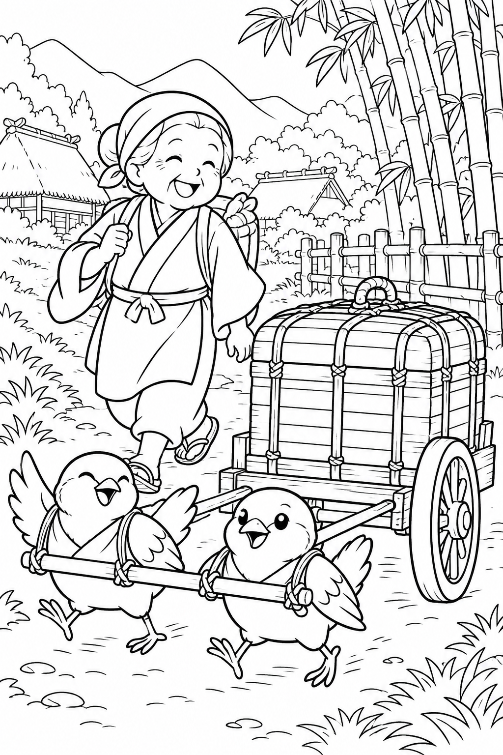 したきりすずめ:つづらは台車でらくらく運搬の塗り絵