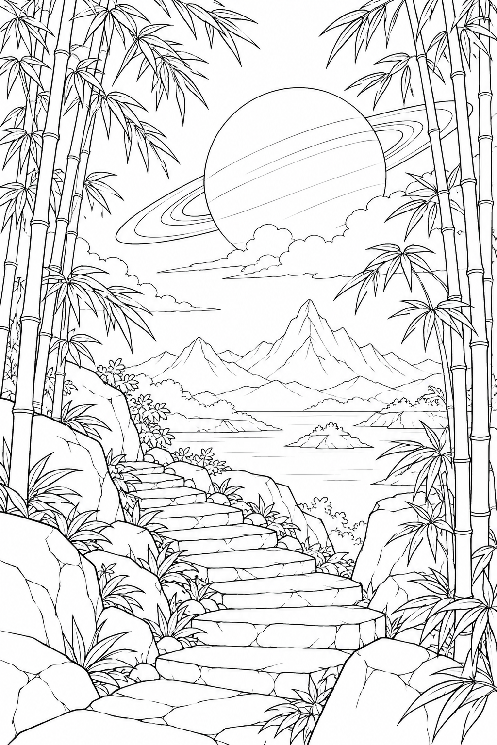 竹林の石段と環のある惑星の塗り絵