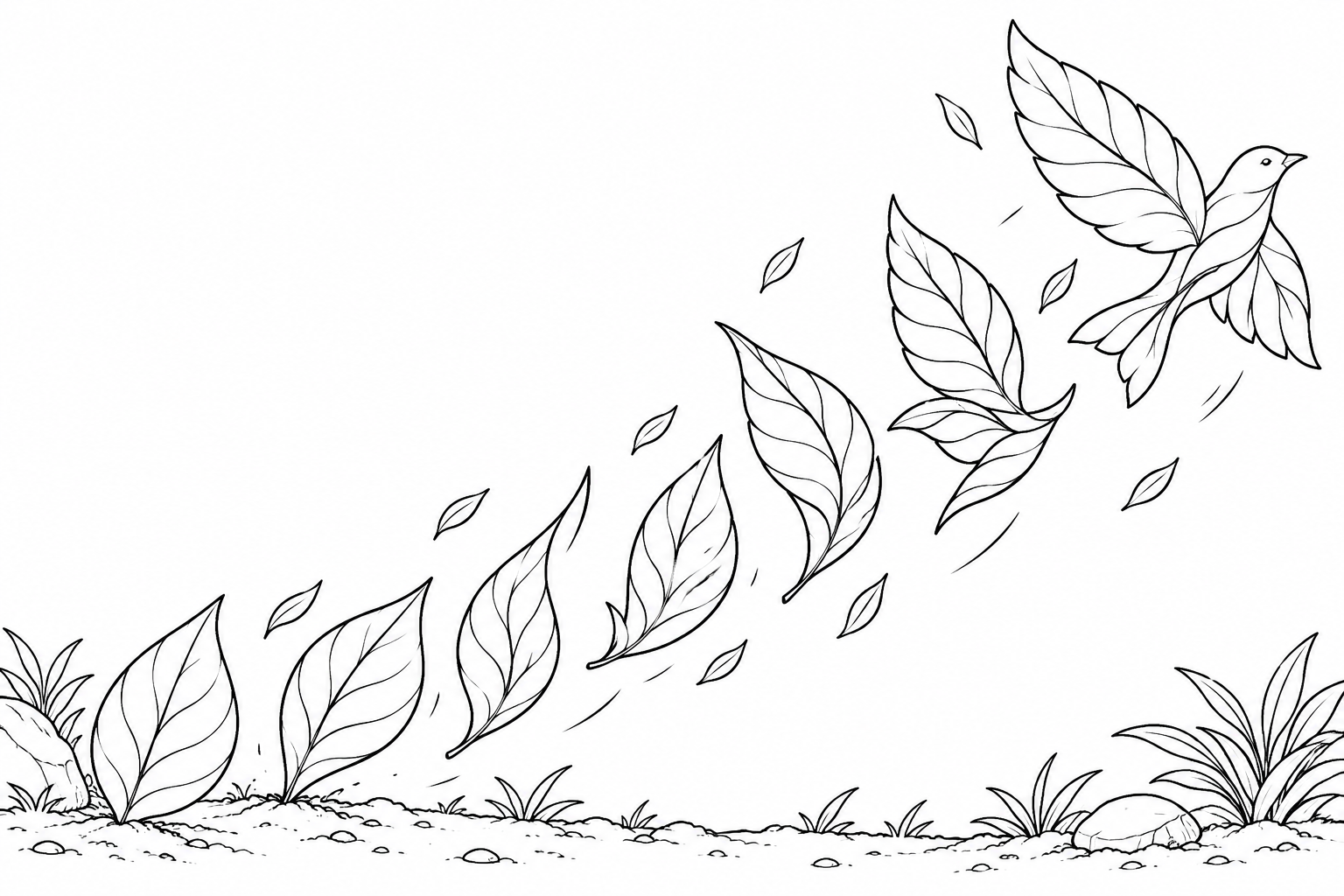 落ち葉が集まる鳥の形の塗り絵