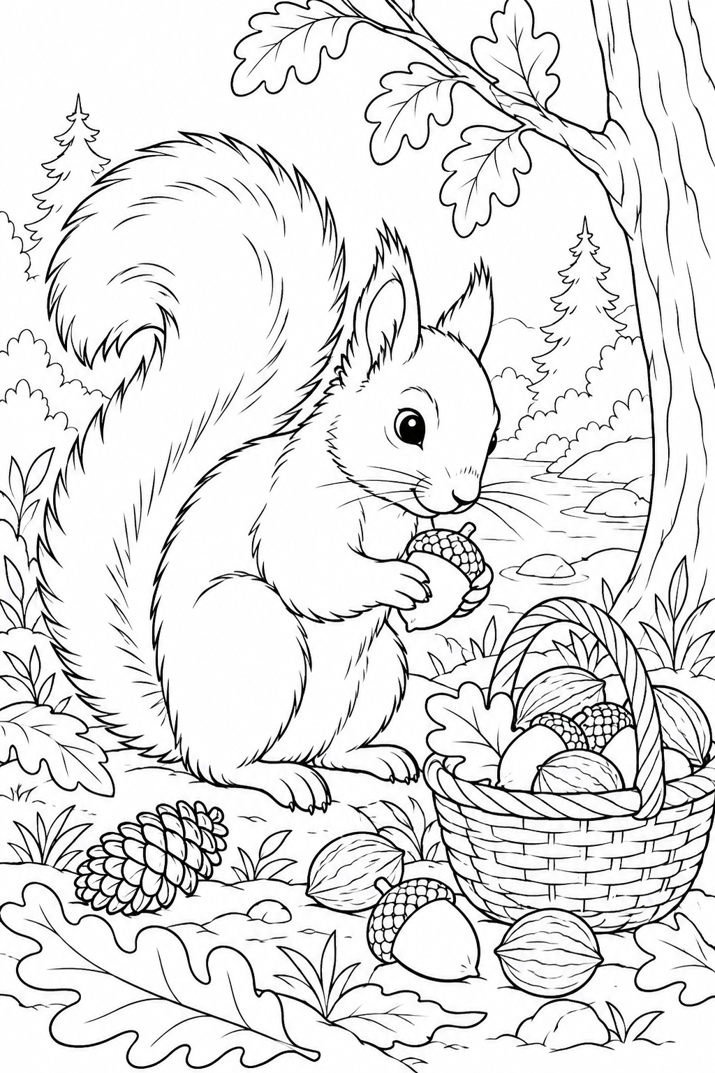 森の木の実を集めるリスの塗り絵
