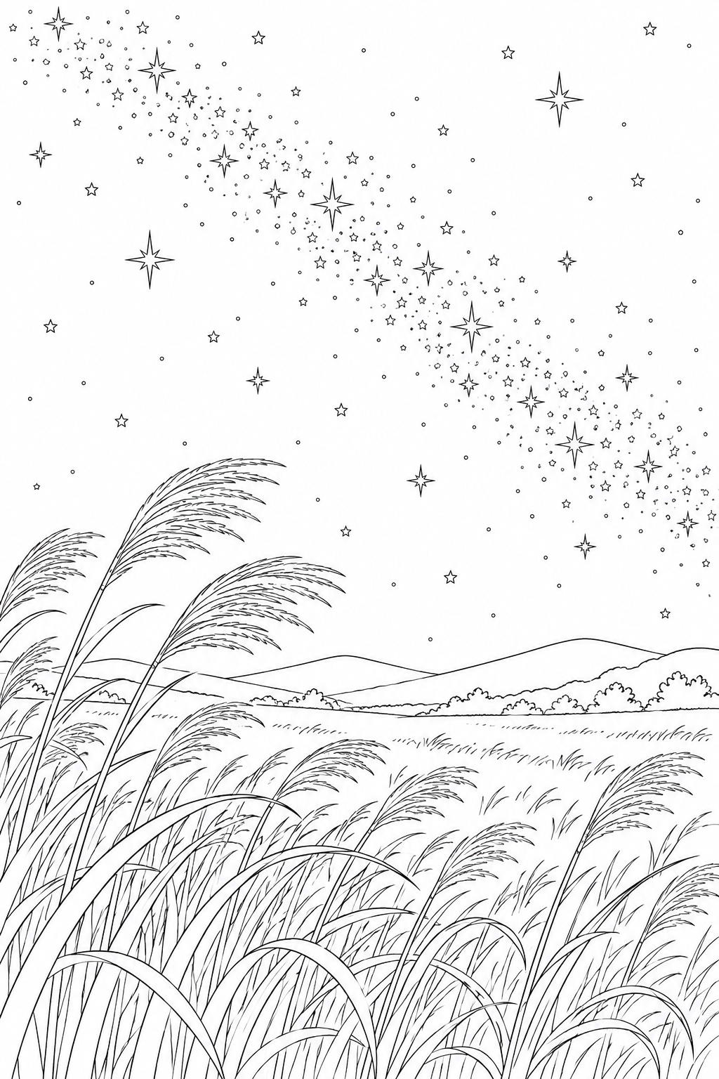 ススキの草原と天の川の塗り絵