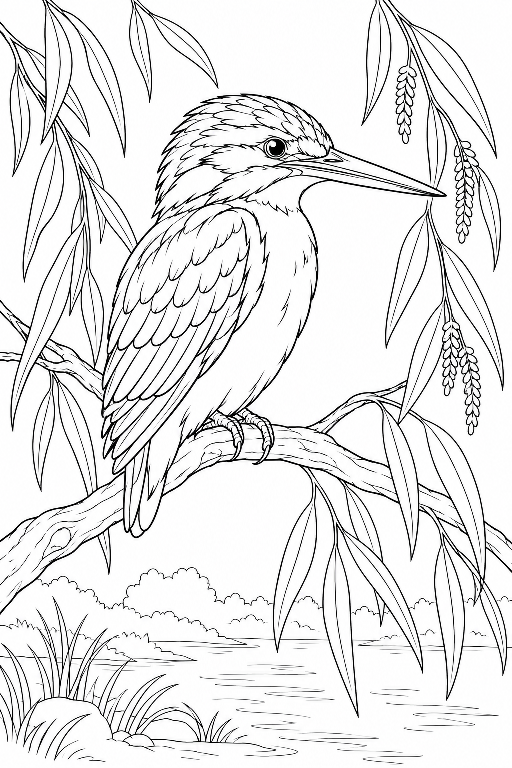 柳の枝にとまるカワセミの塗り絵