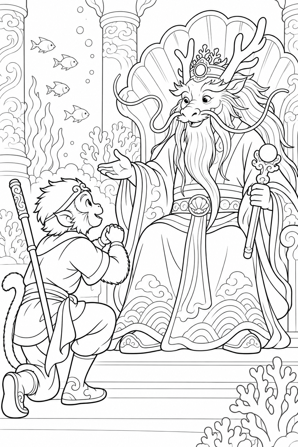 ほっこり西遊記：悟空と竜の王の塗り絵