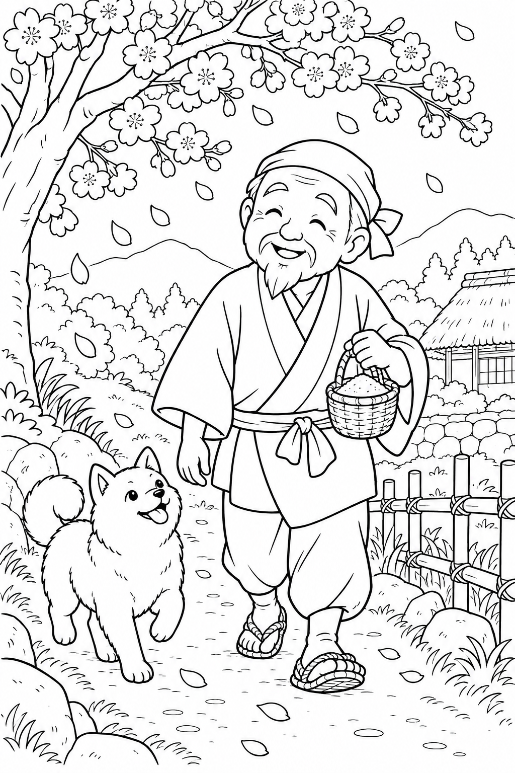 はなさかおじさん：灰のかごを持って庭へ（ほっこり）の塗り絵