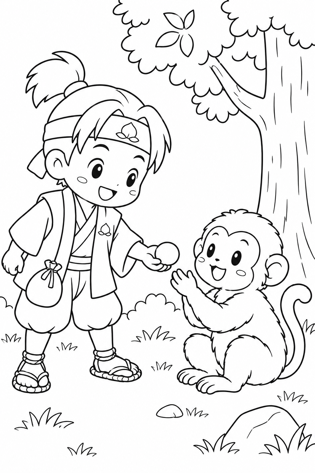 ほっこり桃太郎:猿にきびだんごをどうぞの塗り絵