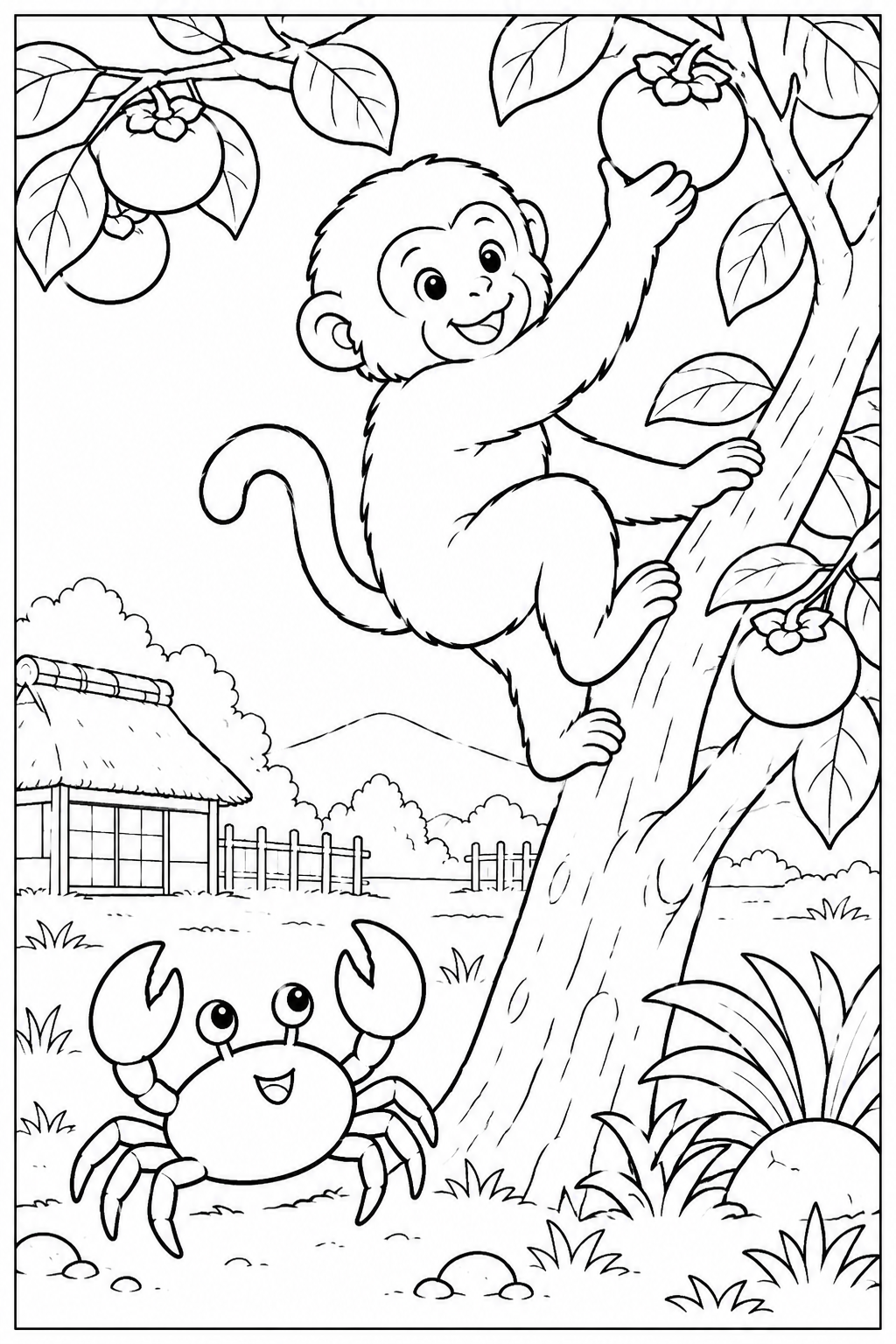 さるかに合戦 ほっこり：柿の木に登るさるの塗り絵