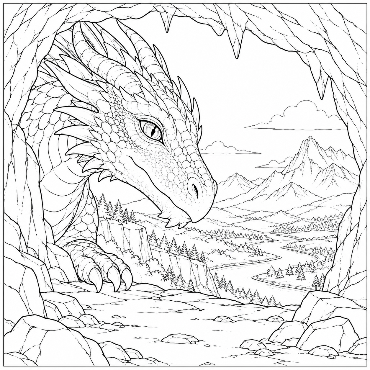Coloriage Dragon regardant hors d’une grotte