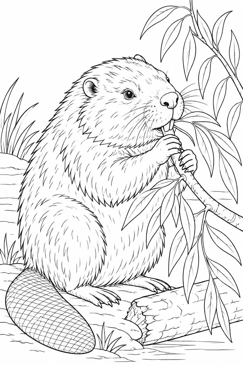 Dibujo de Estudio de naturaleza: Castor y ramas de sauce para colorear