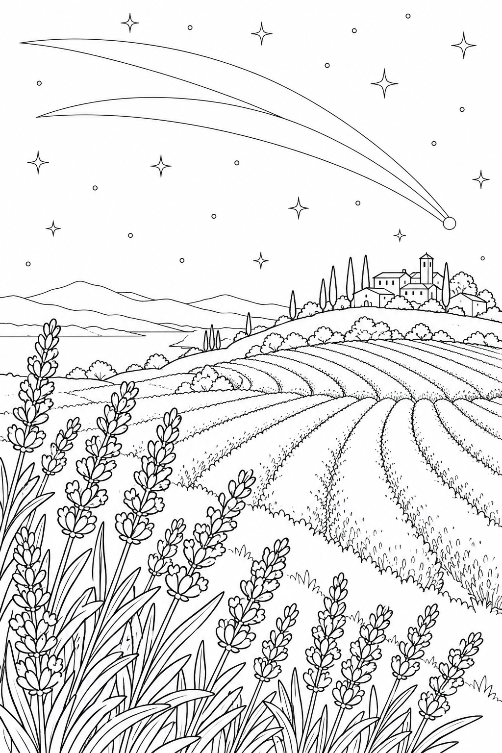 ラベンダーの丘と尾をひく彗星の塗り絵