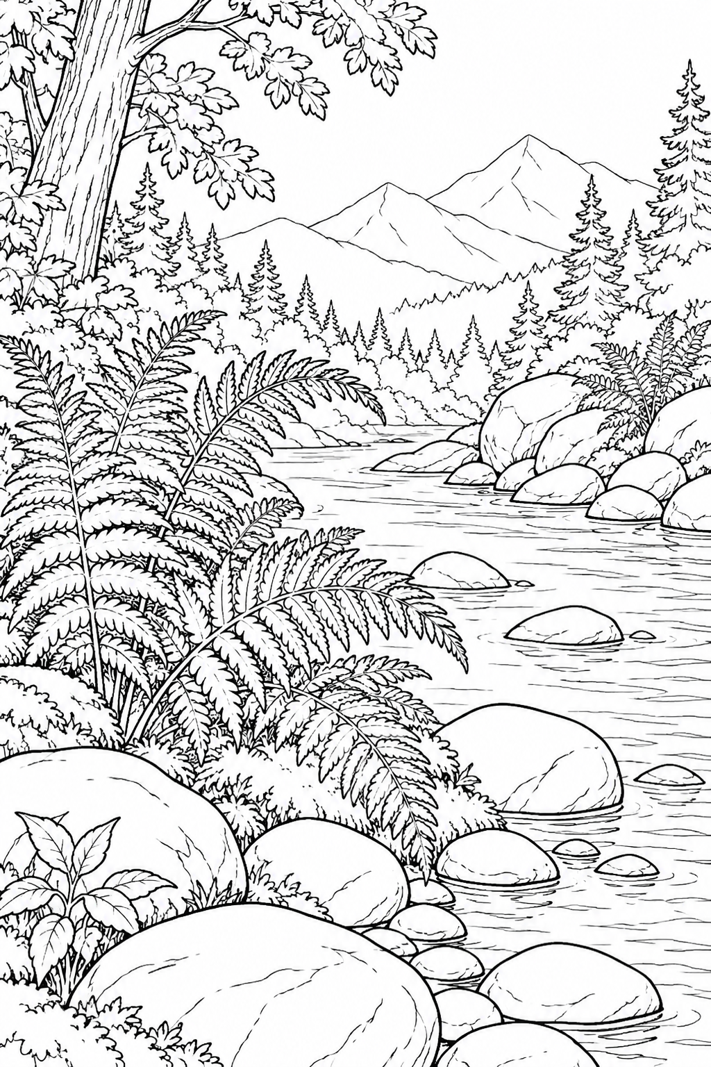 Dibujo de Una escena natural: Helechos y piedras de río para colorear