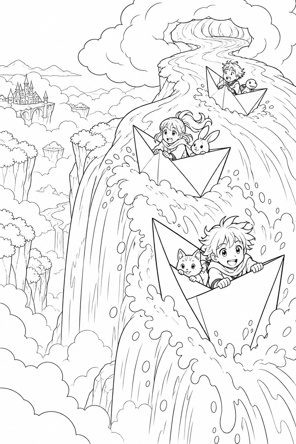空の滝をすべる紙の船の塗り絵