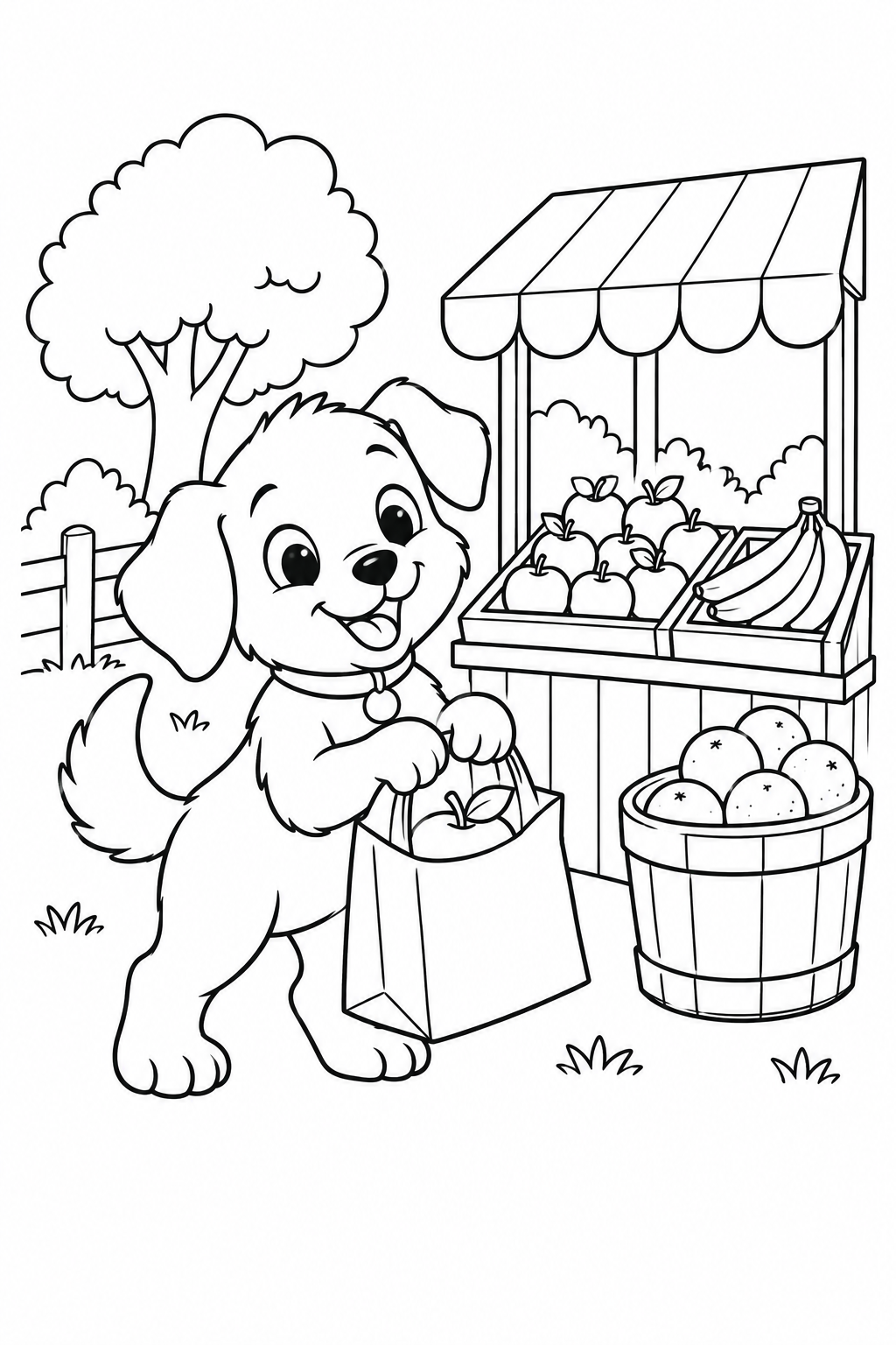 こいぬの果物屋さんのお買い物の塗り絵