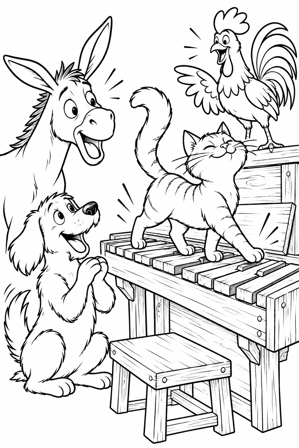 ブレーメンの音楽隊:板のピアノでねこリサイタルの塗り絵