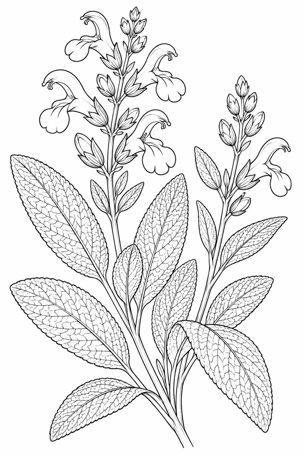 Dibujo de Estudio de naturaleza: Hojas y flores de salvia para colorear