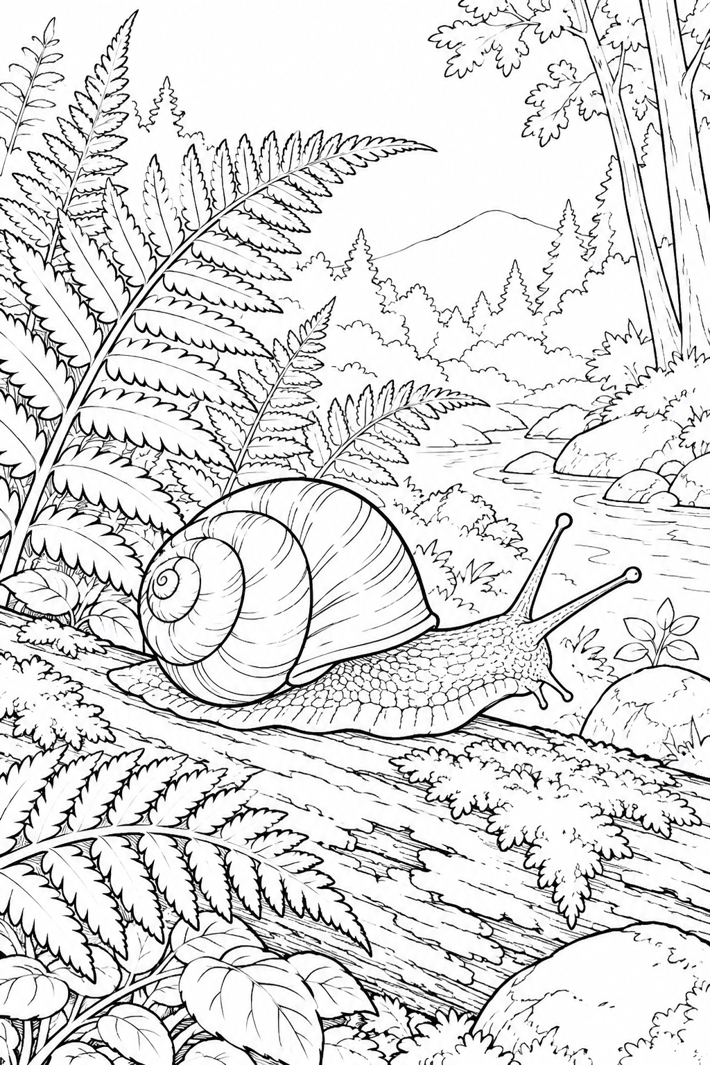 Dibujo de Una escena natural: Caracol y hojas de helecho para colorear