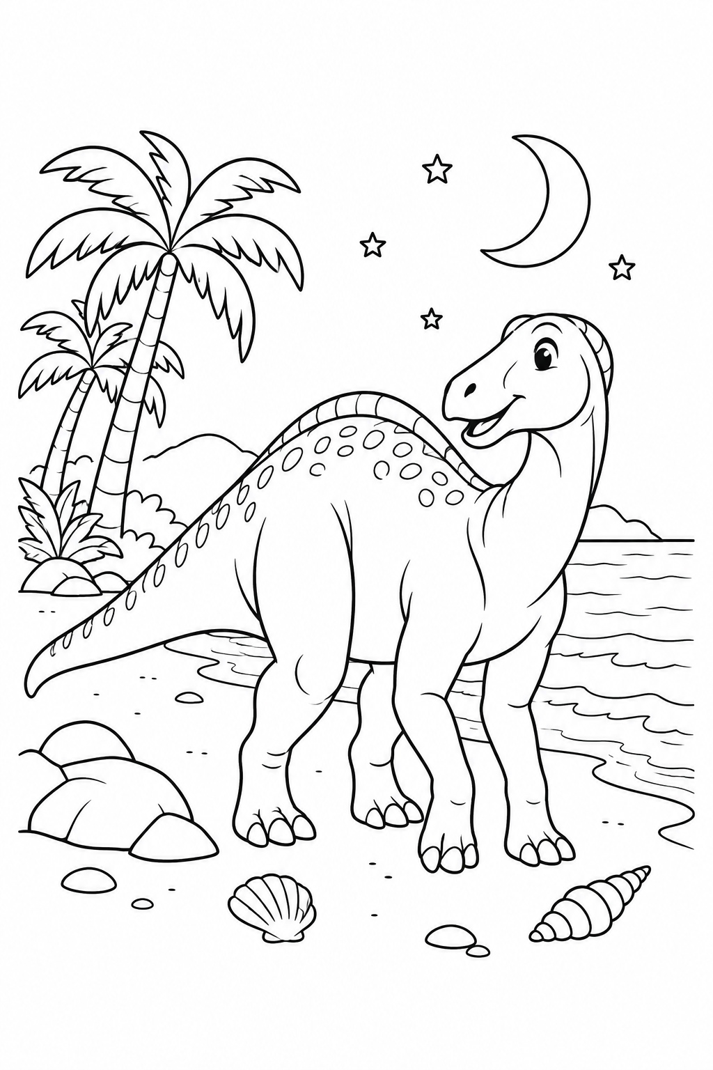 Dibujo de La maiasaura en la playa bajo la luna para colorear